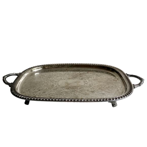 Vintage Leonard Silver Serving Tray Footed Side Handles Festive Holiday Platter - Picture 1 of 12